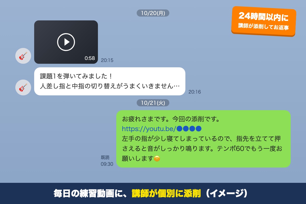 毎日の練習動画に講師が個別に添削するイメージ